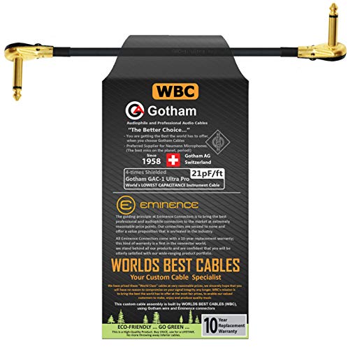 Worlds Best Cables 18 Inch - Gotham Gac-1 Ultra Pro - Low-Cap (21Pf/Ft) Guitar Bass Effects Instrument, S-Shaped Patch Cable & Gold (6.35Mm) Low-Profile R/A Pancake Plugs - Custom Made #TOP11