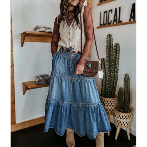 Women Y2K Vintage High Waist Denim Maxi Skirt Button-Fly Tiered Ruffle Hem Swing A-Line Boho Jean Skirt with Pockets4