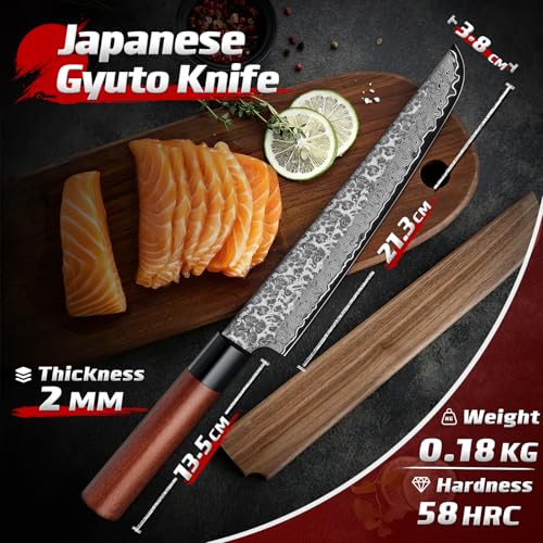 Image of Huusk 8 inch Japanese Gyuto Chef Knife with Rosewood Handle, Sharp Sushi Knife | Hand Forged VG10 Damascus Pattern, Japanese Kitchen Knives for Meat, Fish, Vegetables, Home Cooking Gifts for Men