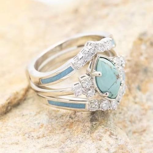 Pingyongchang 3 Pcs Ring Set Natural Turquoise Diamond Rings Western Jewelry Turquoise Silver Color Rings For Women Bohemian Joint Knuckle Rings Finger Ring Turquoise Jewelry Sparkling Natural Gemstone-Oval 5 thumb #4
