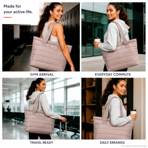 Image of Reebok Womens Tote Bag - Lightweight Carry On Puffer Quilted Tote Bag for Travel Work Travel and Daily Essentials