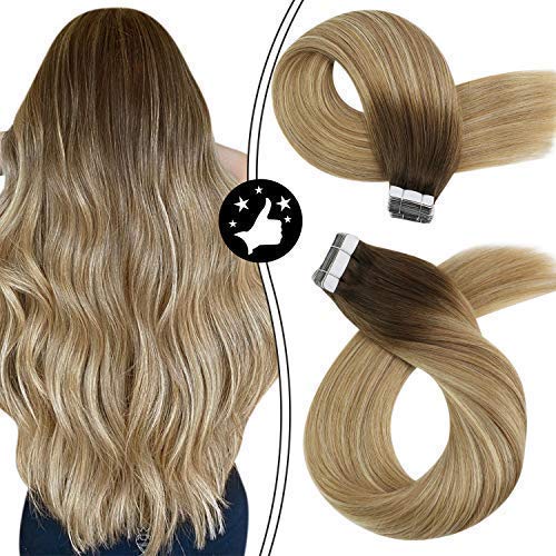 Moresoo Tape in Hair Extensions Brown to Blonde 24 Inch Balayage Tape in Hair Extensions Color #3 Brown Fading to #8 Light Brown with #22 Dark Blonde Tape in Hair 100% Natural Hair