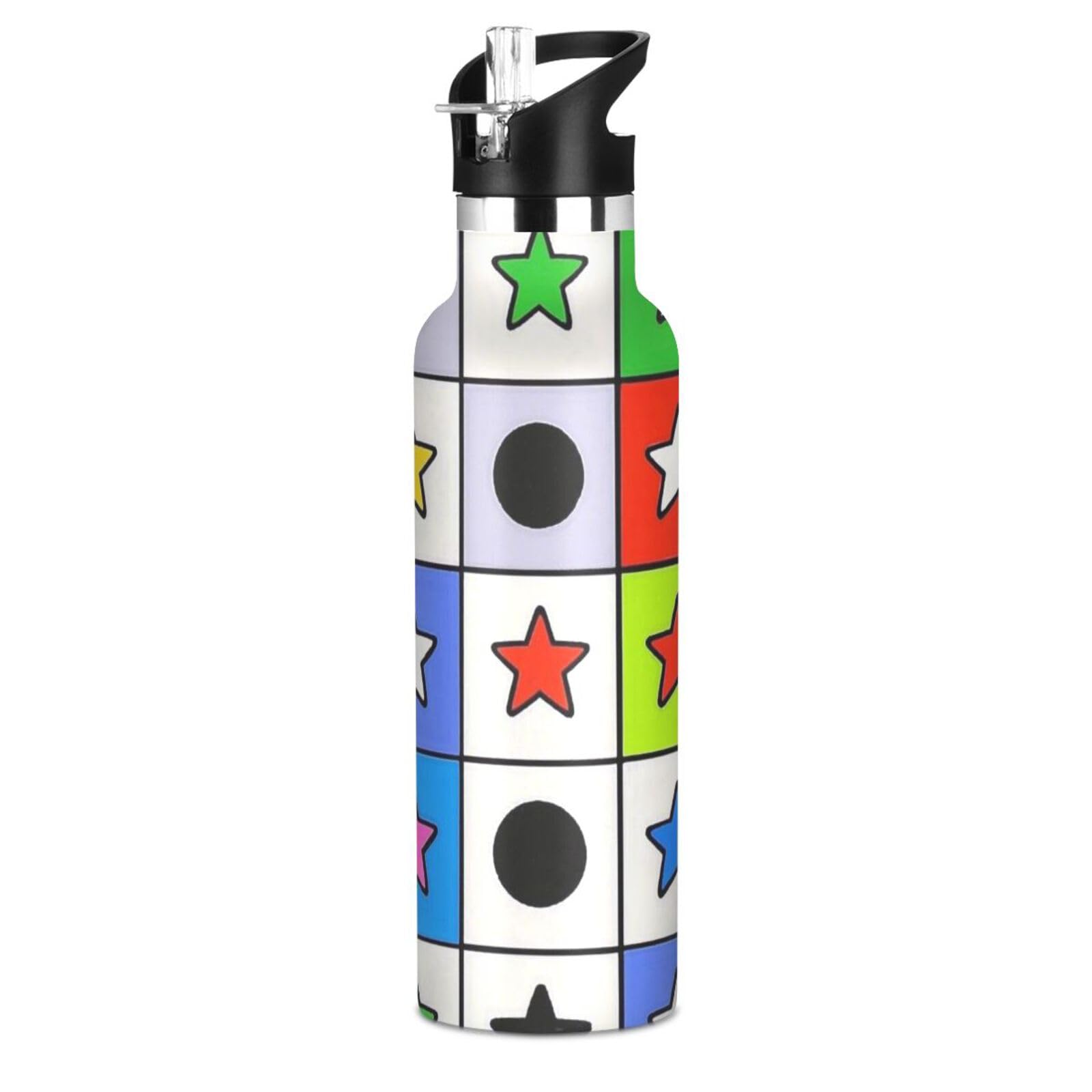 Childish Stars Checkered Colorful Lightweight Kids Water Bottle with Leak Proof Spout Lid Keeps Hot and Cold for
