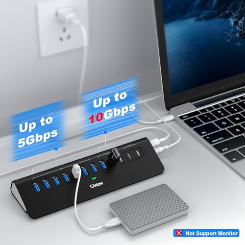 Image of Powered USB Hub 10Gbps, intpw YH9AC 12-Port USB C Hub with 10Gbps USB C 3.2, 2 USB A 3.2, 7 USB 3.0, 2 PD 45W Charging Port, 65W Power Adapter + 3.3FT Cable, Aluminum USB Hub for Laptop /iPhone16 /15 /PC