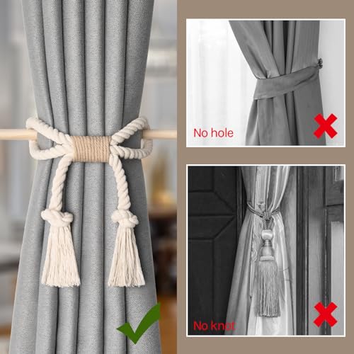 Pretty Jolly 2 Pack Natural Cotton Rope Curtain Tiebacks Boho Rustic Style Decorative Drape Tie Backs Farmhouse Hand-Woven Curtain Holdbacks with Wood Club for Home Office Drapery (Cotton knot-Beige) - Image 2