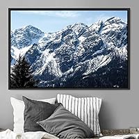 Framed Canvas Wall Art Snow Mountain Cool Expressive Farmhouse/Country Landscape Mountain Top Multicolor Photography Portrait Realism - 16x24 inches