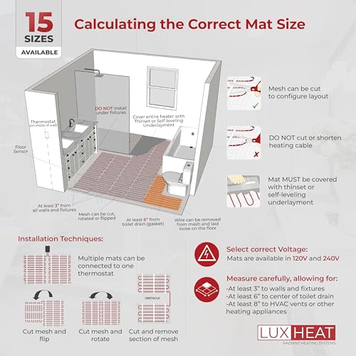 LuxHeat 90sqft Floor Heating Mat Kit – 240v Underfloor Electric Heating System – Radiant Heated Flooring System for Tile & Laminate - Includes UWG4 WiFi Programmable Thermostat w/GFCI, Alarm & Sensor