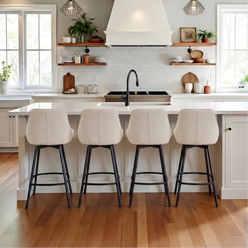 Image of Zesthouse Swivel Bar Stools Set of 4, Modern Counter Height Barstools with Backs, 26'' Upholstered Linen Fabric High Chairs for Island Kitchen, Counter Height Chairs with Metal Legs, Beige