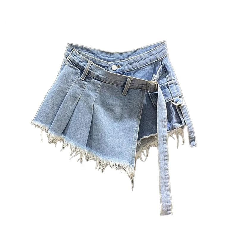 Women's Denim Skirts Patchwork Pleated Asymmetric Burrs Edge Washed Super Short Skirts2
