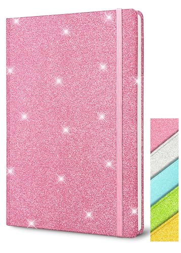 Pink Glitter Notebook, 8.3x5.7” 160 Lined Pages Glitter Never Peel Off Sparkle Journal for Girls College Ruled A5 Hardcover Notebooks for Teens Women Writing Note Taking Office Work School Gifts