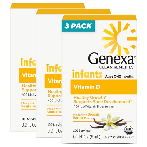 Image of Genexa Infants Vitamin D Liquid Drops for Newborn, Baby & Toddler | Bone Development | Delicious Organic Vanilla Flavor | Certified Organic, Gluten Free, & Non-GMO | 270 Servings (3 Pack)