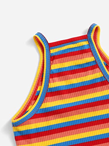 Image of SHENHE Girl's Rainbow Striped Sleeveless Ribbed Knit Halter Cami Tank Crop Tops Red Multicolored 14Y