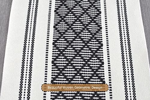 Boho Table Runner With Fringe 14 X 90 Inches, Black & Cream | Woven Washable Console Tabletop Runner / Dresser Scarf, Farmhouse Extra Long Heavy Cotton Table Topper Cover #TOP2