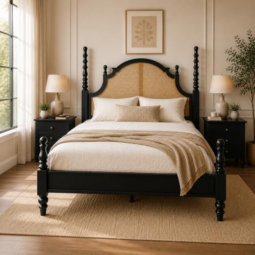 Image of Solid Sheesham Wood Poster King Size Poster Honeymoon Bed Without Storage with Designer Piller and Cane Crafting