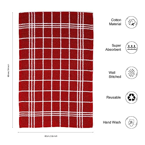 Image of Encasa XO Kitchen Towels and Dish Cloths Sets | Red Terry Highly Absorbent Cotton Terry Towels | 60x40 cm | Multipurpose for Washing Dishes and Cleaning Pack of 4