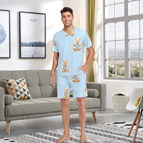 Men's Pajama Set Cute Teddy Bears Short Sleeve with Shorts Pockets Sleepwear Set Summer Loungewear4