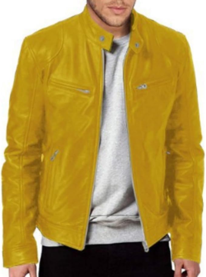 Men's Multi Pocket Pu Leather Jacket Stand Collar Zipper Cardigan Motorcycle Bomberjackets Zip Up Biker Outwear