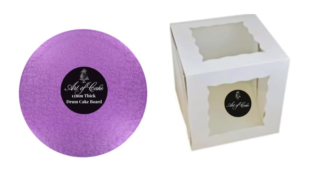Art of cake ® Drum Cake Board (13mm) & 2 Sided Window Tall Cake Box (Purple, 12")