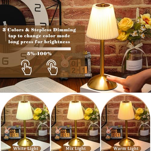 Image of Liliful 1 Pcs Cordless Table Lamp Rechargeable Touch LED Small Gold Portable Battery Operated USB-c Desk Lamp 3 Color Dimmable for Bedroom Living Room Dining (Gold,Beige Cloth Style)