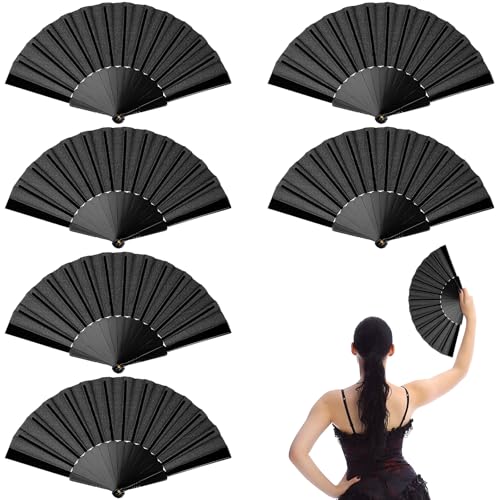 TTYSHIP® 6 Pcs Eventail Noir, Éventail Pliant en Tissu, Éventail à Main Pliable pour Danse, Fête, Cadeaux de Mariage, Décoration de Maison