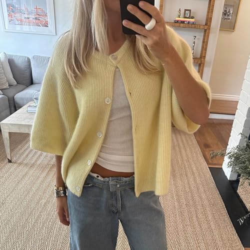 Image of Women Knitted Crop Cardigan Shirt Short Sleeve Button Down Ribbed Knit Crop Top Y2k Girls Outwear Top Tee Shirt