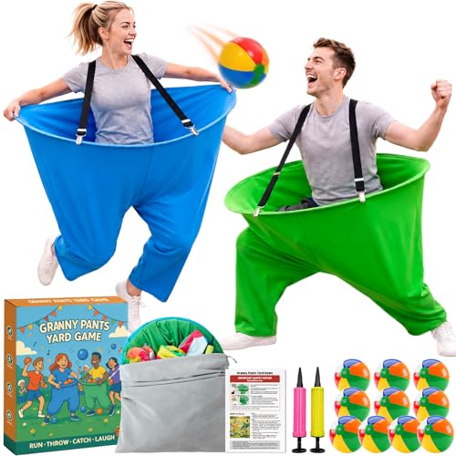 Granny Pants Yard Game for Adults Big Pants Ball Catch Game with 2 Giant Pants Balls Pumps Suspenders & Storage Bag Outdoor Group Party Games for Backyard BBQ Field Day Family Reunion