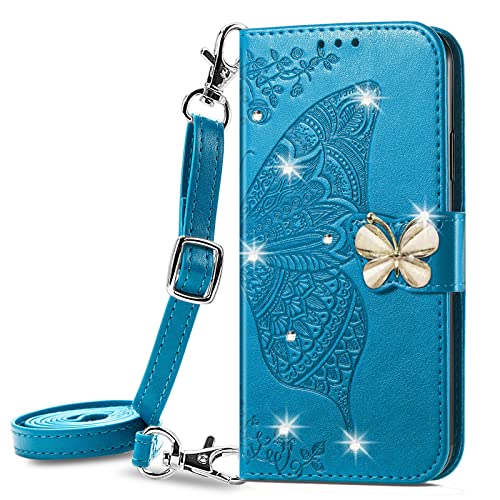 ONV Wallet Case for Samsung Galaxy A10S -1.5M Adjustable Strap Emboss Butterfly Flip Phone Case Card Slot Magnet Leather Shell Flip Stand Cover for Samsung Galaxy A10S [ZS] -Blue