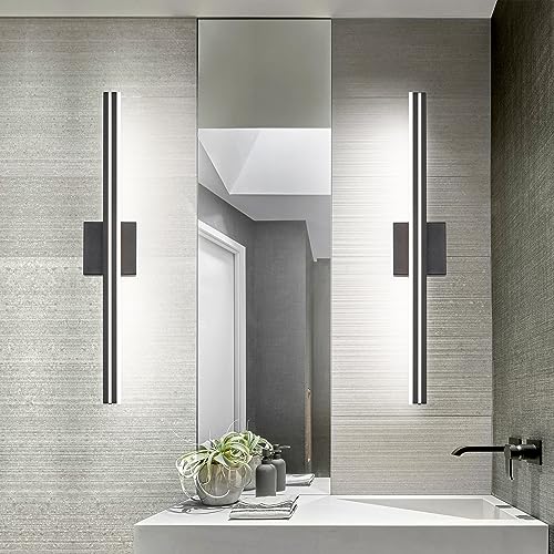 Image of SineRise 32-Inch LED Modern Bathroom Vanity Light Bar, Matte Black Modern Acrylic Bathroom Wall Lighting Fixtures Over Mirror (Cool White 6000K)