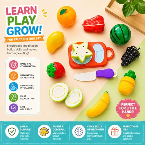 Image of PLUSPOINT Fruit Cutting Toys Set for Kids Pretend Play 13pc Fruit Cut Toy Set with Knife & Cutting Board, Educational Kitchen Play Food Toys for Toddlers