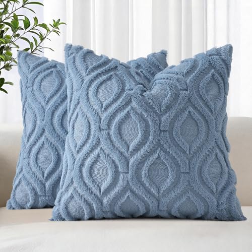 Image of decorUhome Fall Throw Pillow Covers 18x18 Inch Set of 2, Soft Plush Faux Wool Dusty Blue Solid Couch Pillow Covers, Accent Farmhouse Neutral Square Pillow Cases for Sofa Bed Living Room