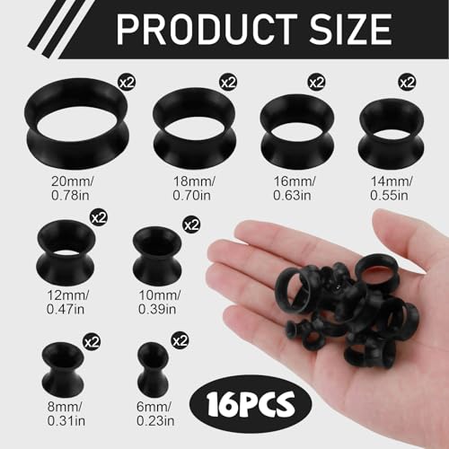 16 Stück Weich Silikon Tunnel 6mm - 20mm, Ohrdehner Plug Piercing Expander Set, Sicher und Flexibel für Frauen & Männer (Schwarz)