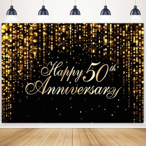 Ayayiya Happy 50th Anniversary Backdrop for Wedding Party Decorations Black Gold Bokeh Dots Photography Background Couples Cheers to 50 Years Marriage Love Anniversary Party Banner Photo Props 7x5ft