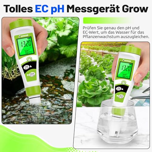UIUZMAR Pool pH Messgerät Wasser, pH EC Messgerät Grow, Digitales pH EC PPM Temperaturtester mit pH7.0 Kalibrierlösung für Pool, Whirlpool, Hydrokultur, Trinkwasser, Aquarium, Bierherstellung