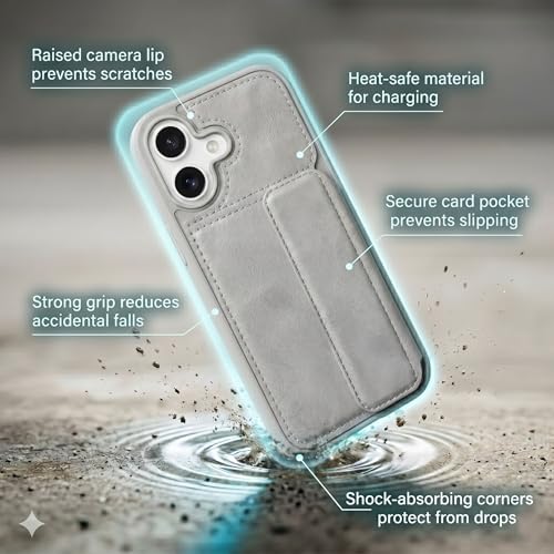 Image of amazon basics Luxury Vegan Leather Back Cover for iPhone 16 | Built-in Card Holder Slot | Integrated Mobile Stand | Slim Shockproof Protective Case with Stitched Finish - Gray