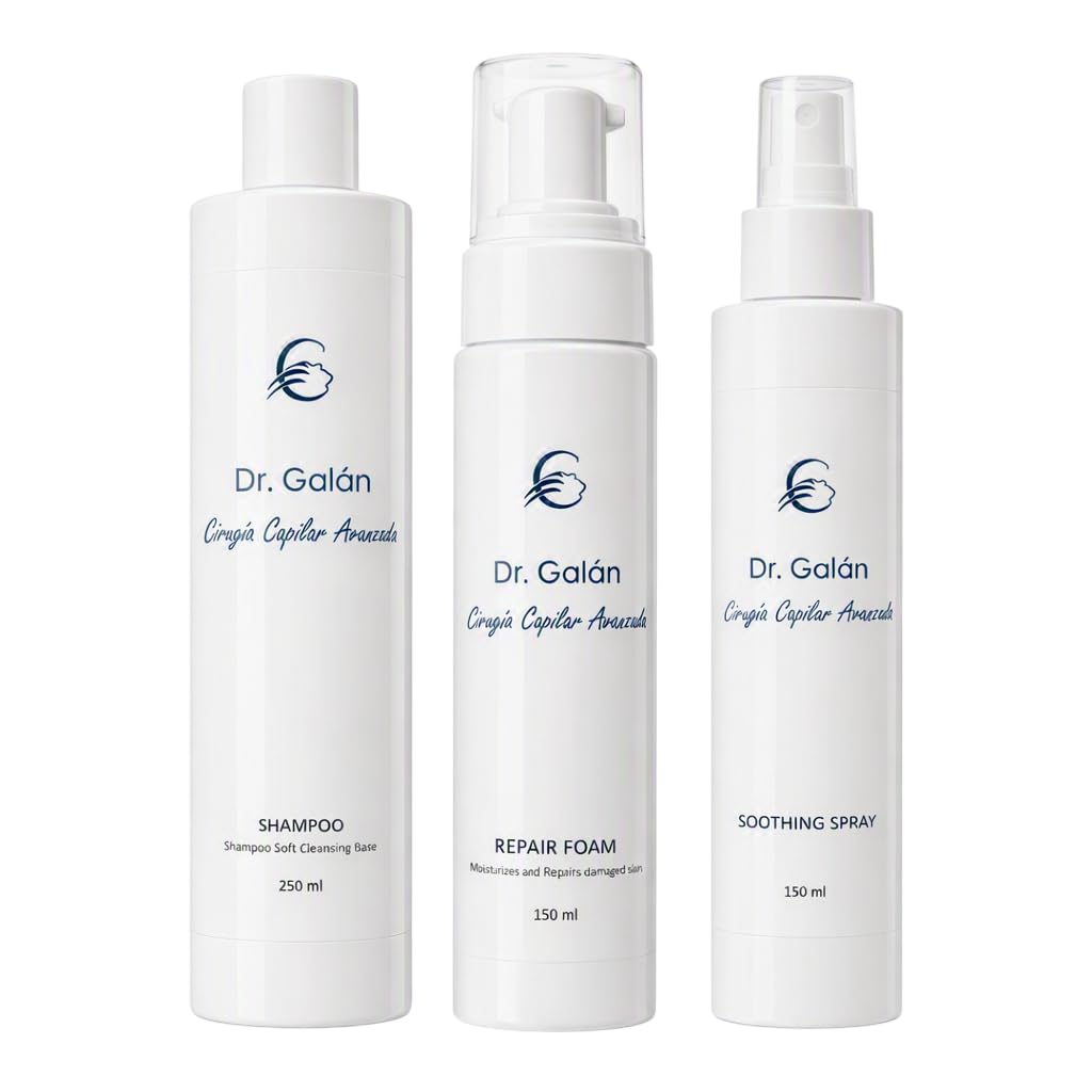 Pack Integral Postcirugía Capilar - Champú Post Injerto, Espuma Reparadora y Spray Calmante para Cuero Cabelludo Dañado - Tratamiento Completo