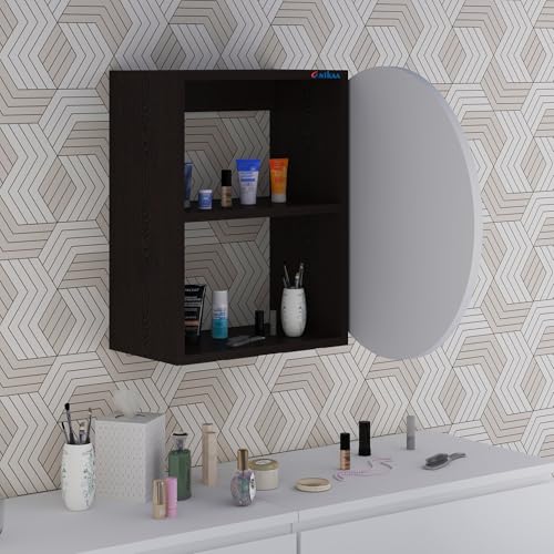 Image of Anikaa Eilish Mirror Cabinet | Wall-Mounted Round Mirror with Hidden Storage | Ideal for Bedroom, Bathroom & Entryway | Wenge /White(20x20x17 Inches)