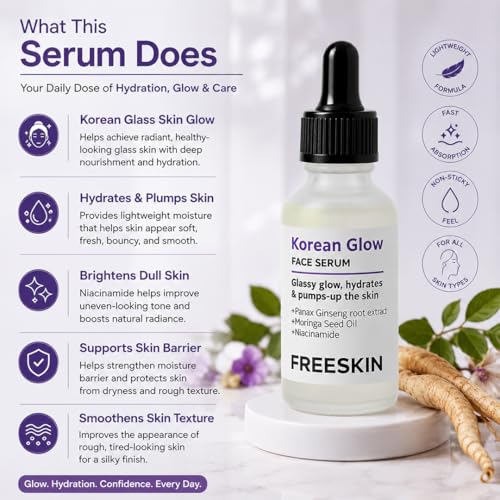 Image of Freeskin Korean Glow Face Serum with Panax Ginseng Root Extract, Moringa Seed Oil & Niacinamide | Glass Skin Effect, Deep Hydration & Skin Plumping | For All Skin Types - 30ml