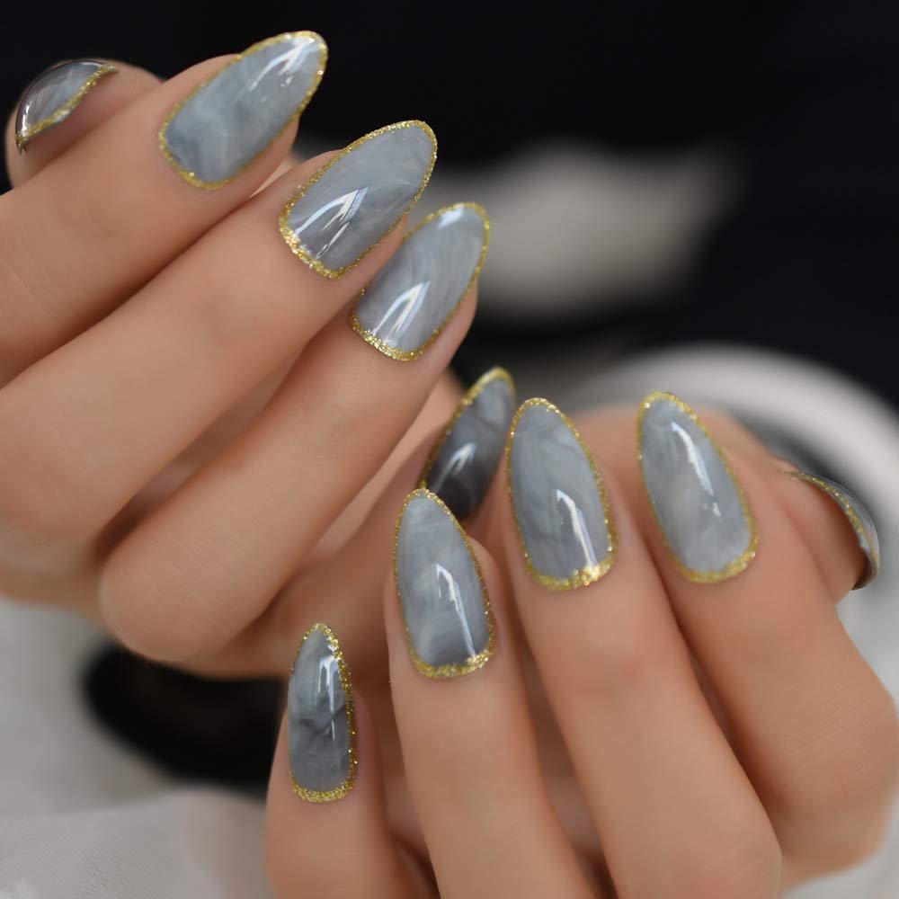 Amazon.com: CoolNail Gray Marble Stiletto False Nails Pre Designs Gold  Glitter Almond Fake Nail Manicure Artificial Nails Tips Free Jelly Sticker  : Beauty & Personal Care