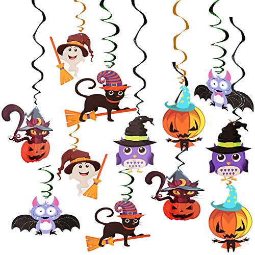 wsryx 12PCS Halloween Hanging Swirl Decorations, Ceiling Whirl Spirals Foil with Bat Witch Skull Spider Ghost Pumpkin Monster Cards Party Supplies and Favors for Home Indoor Decor (multicolor)