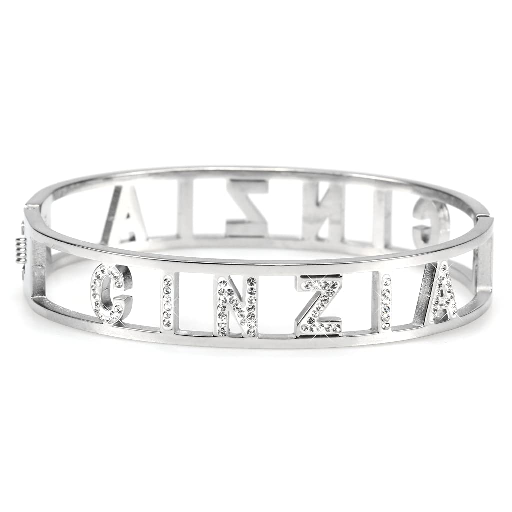 Flowers Bracciale Rigido Acciaio con Nome Vari e Zirconcini Sacchettino in Tessuto Scritta Nome ricoperta di Strass Brillantissimi Bracciale a Manetta Donna Chiusura a Molla Idea Regalo