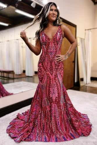 Mermaid Sparkly Sequin Prom Dress for Women 2025 Long V Neck Backless Formal Evening Gowns2