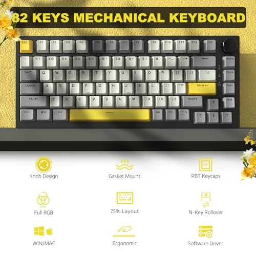 Image of ATTACK SHARK Ajazz Hot Swappable Mechanical Keyboard 75% Percent,TLK Custom Wired Keyboard Gaming with Rotary Knob,RGB Backlit,Gasket,NKRO,PBT Keycaps for Win /Mac,Moon Yellow Linear Switch