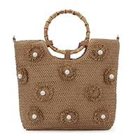 Freiesoldaten Sac fourre-tout en Paille à Fleurs et Perles pour Femmes Grand sac à Main d'été avec Poignée de Plage Tissée avec Sangle Réglable