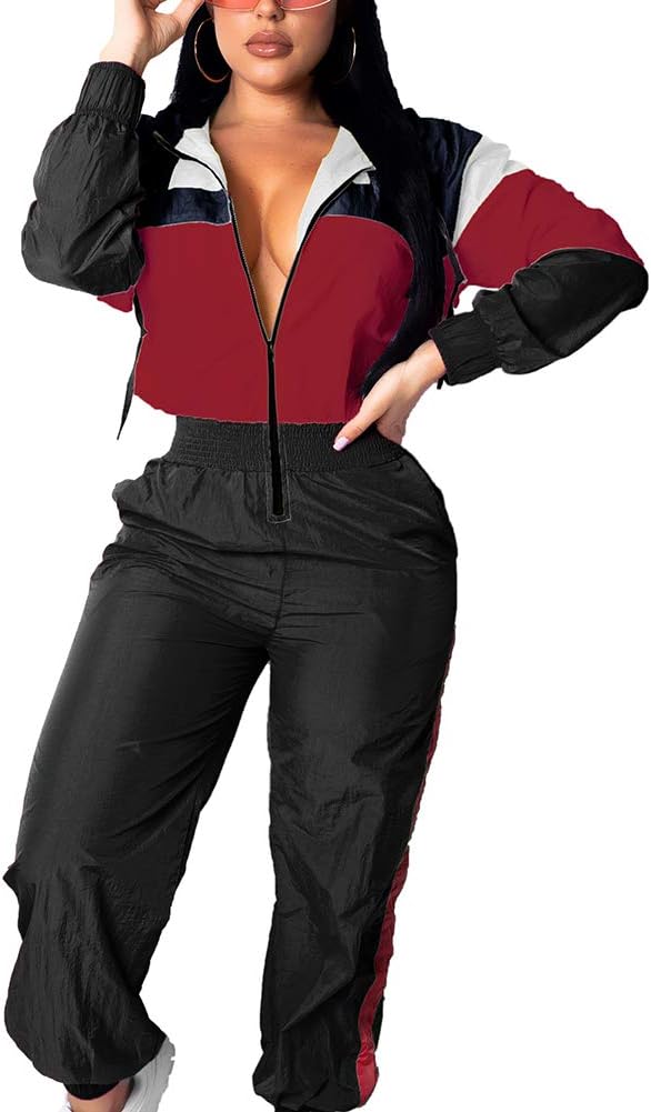 VOIKERDRWomen Colorblock One Piece Outfits Set High Waist Pants Long Sleeve Zipper Front Windbreaker Jumpsuit