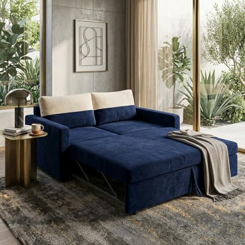 Image of SOCOZI Enrique 2 Seater Sofa Cum Bed | Soft Velvet Suede Fabric | Modern Convertible Design | Plush Comfort Seating for Living Room (Dark Blue)