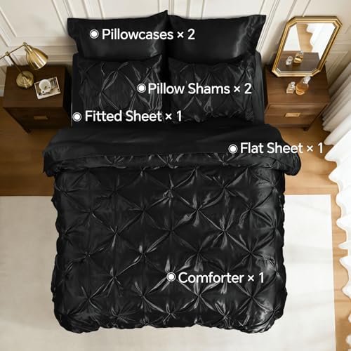 Image of BEDELITE Satin Comforter Set Queen Size, 7 Pieces Pintuck Bed in A Bag with Comforter, Flat Sheet, Fitted Sheet, Pillowcases, Shams, Soft Cozy Similar to Silk Bed Set for All Seasons (Black)