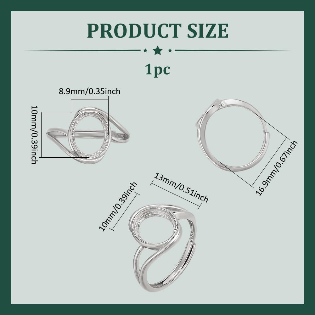 PH PandaHall 925 Sterling Sliver Ring Blanks for Jewelry Making, Adjustable Blank Rings Finger Ring 9x10mm Base Bezel Tray Finger Ring Findings for Diamond Gemstone DIY Craft Jewelry Making