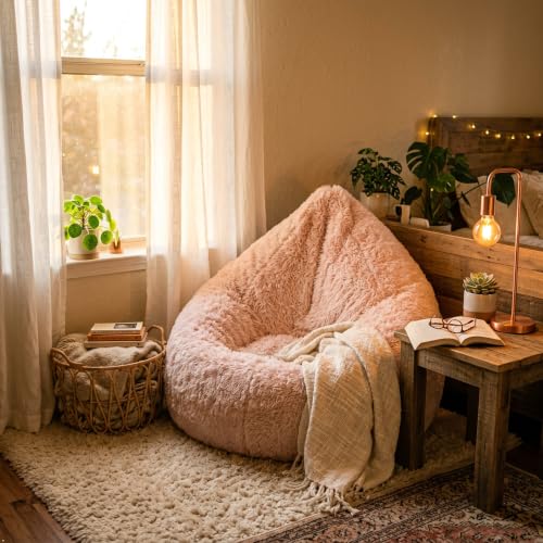 Image of Hobestluk Small Bean Bag Chair Teardrop Faux Fur Cushion Lounger | Pink Soft Plush Fluffy Lazy Comfy Cute Furniture Removable Cover Portable Lightweight Bedroom Living Room Dorm