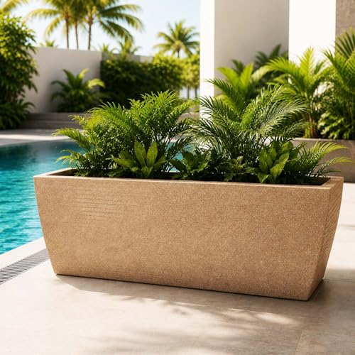 Image of Go Hooked Rectangular Leios Planter Pot 36x14 Inch | Sandstone Ribbed Design Plastic Flower Pot for Indoor Outdoor Garden Balcony Terrace Living Room | Decorative Long Plant Container