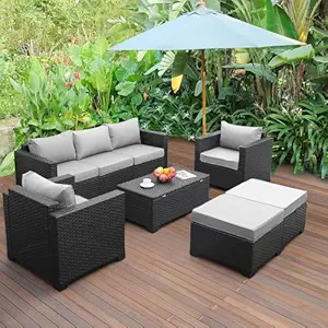 MERRY FASHION Patio Wicker Furniture Set 8 Pieces Outdoor PE Rattan Conversation Couch Sectional Chair Sofa Set with Grey Cushion